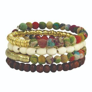 Fair Trade Spiral Bracelet Upcycled Kantha Fabric Bone Wood Brass Boho Handmade
